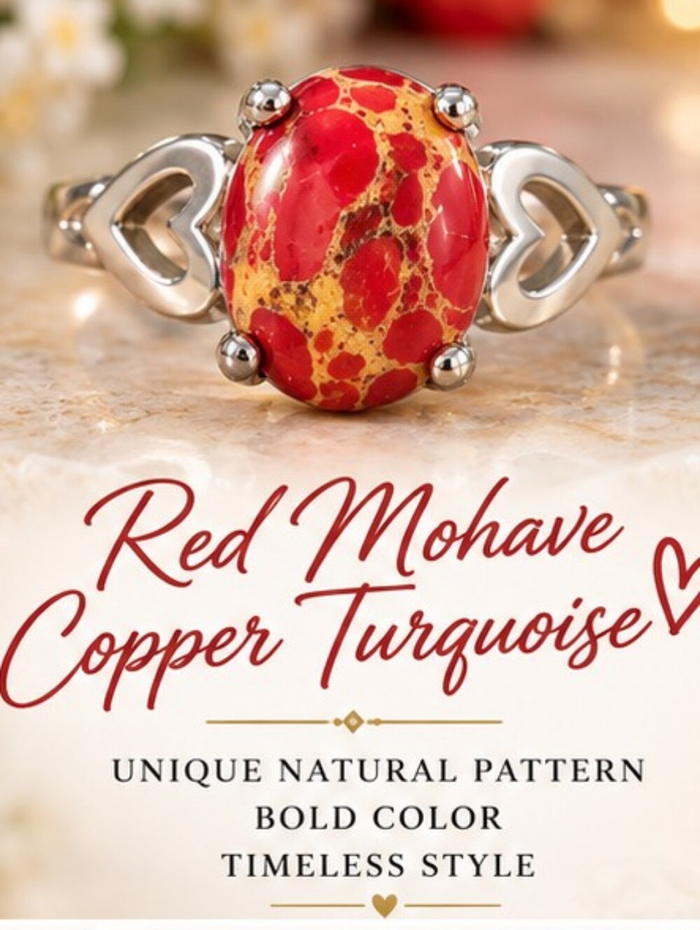 Red Mohave Copper Turquoise Oval Heart Ring Size 10 Mens Women's Silvertone Band
